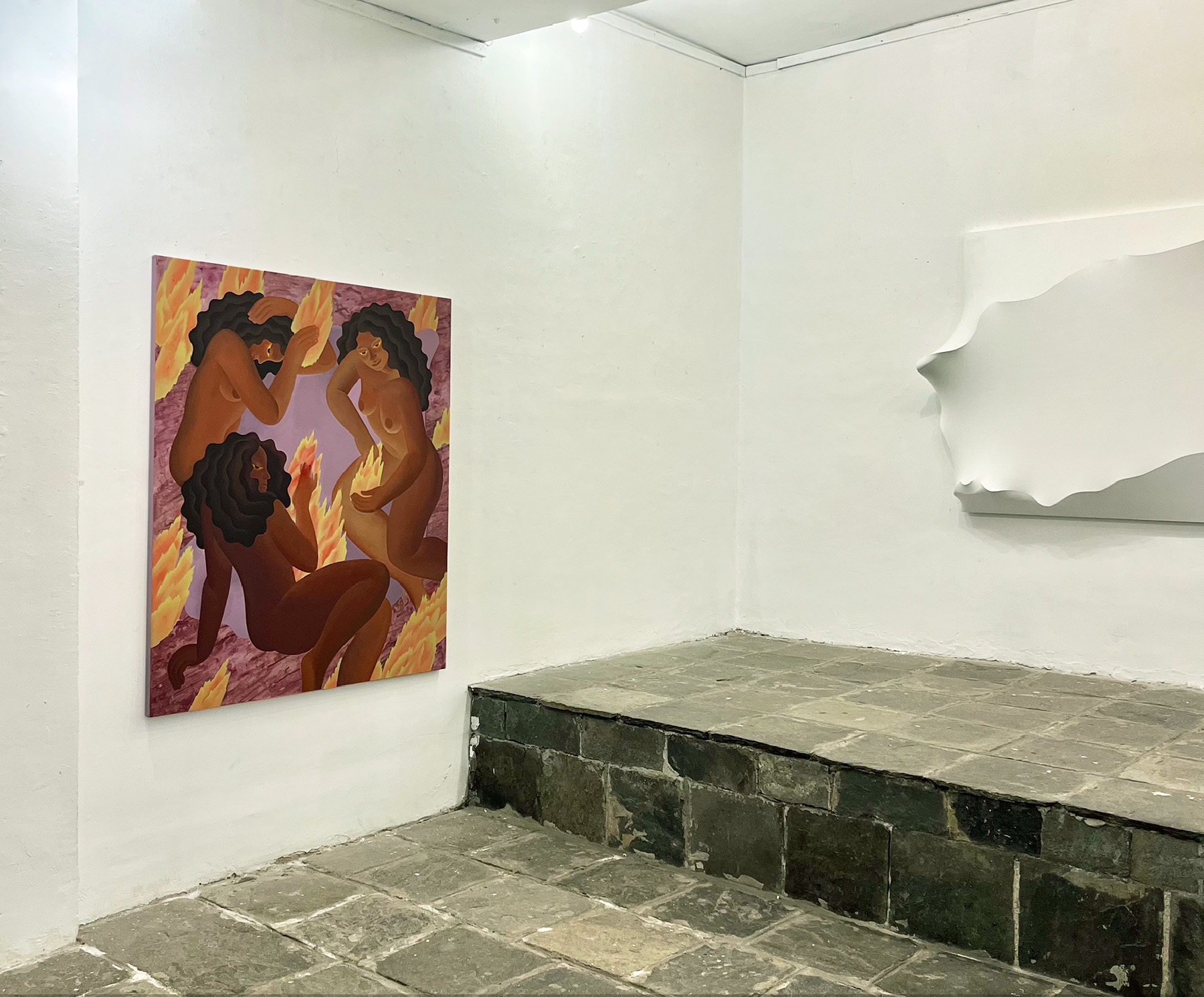 I Stay True to the Fire by Harita Asumani, installation view with a white sculptural work by Angelika Radeva, Plovdiv, 2026.