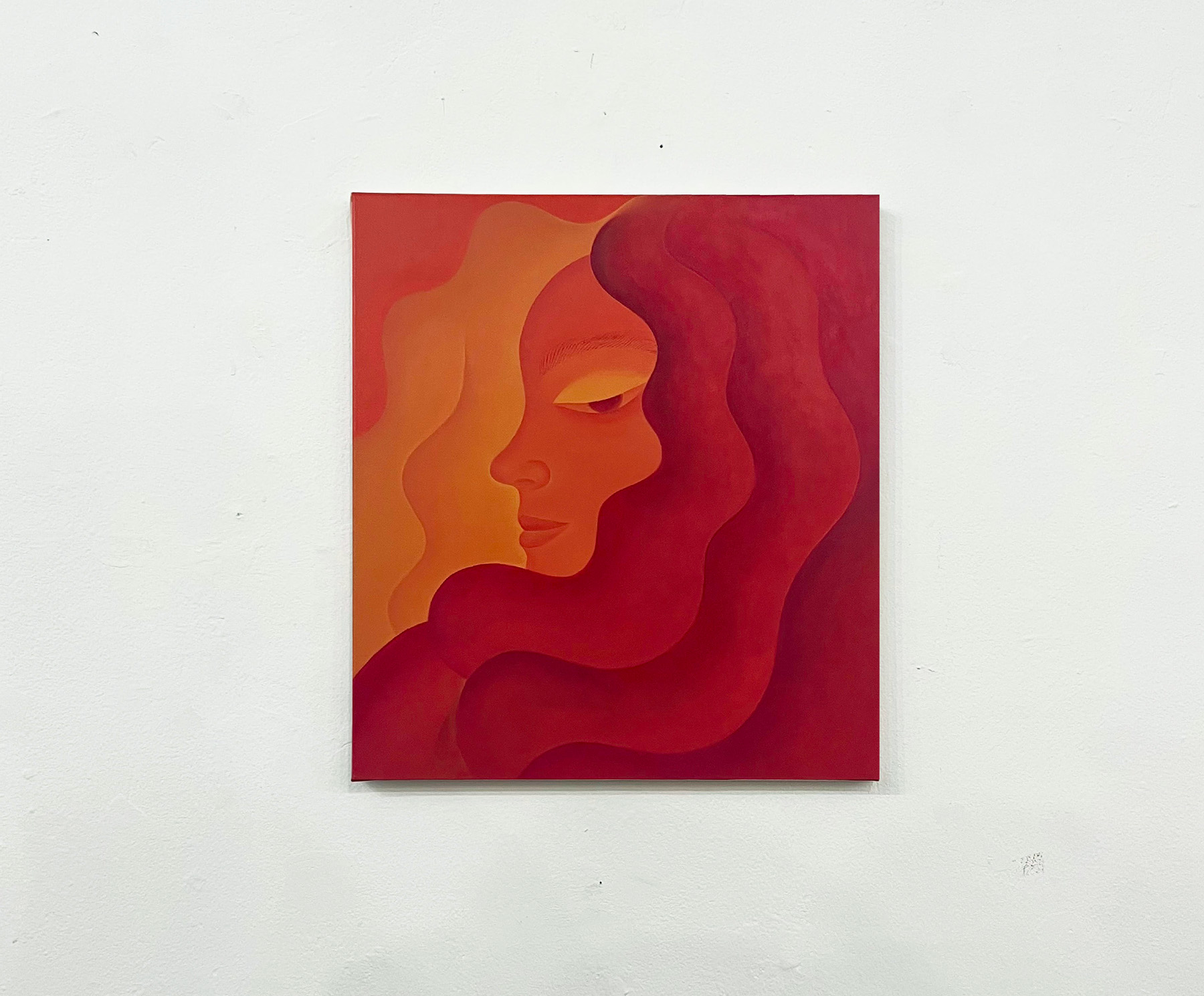 Made of Fire by Harita Asumani, red and orange self-portrait painting, installation view, Plovdiv, 2026.