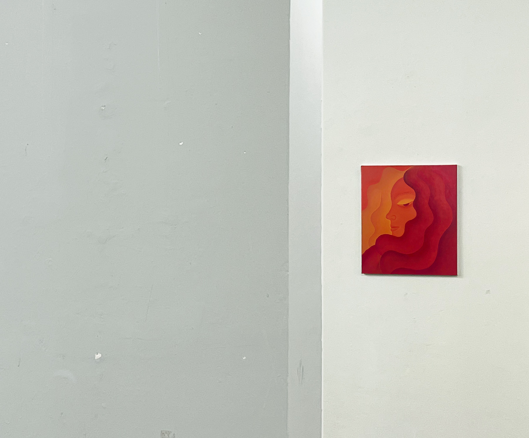 Made of Fire by Harita Asumani, red and orange self-portrait painting, installation view, Plovdiv, 2026.